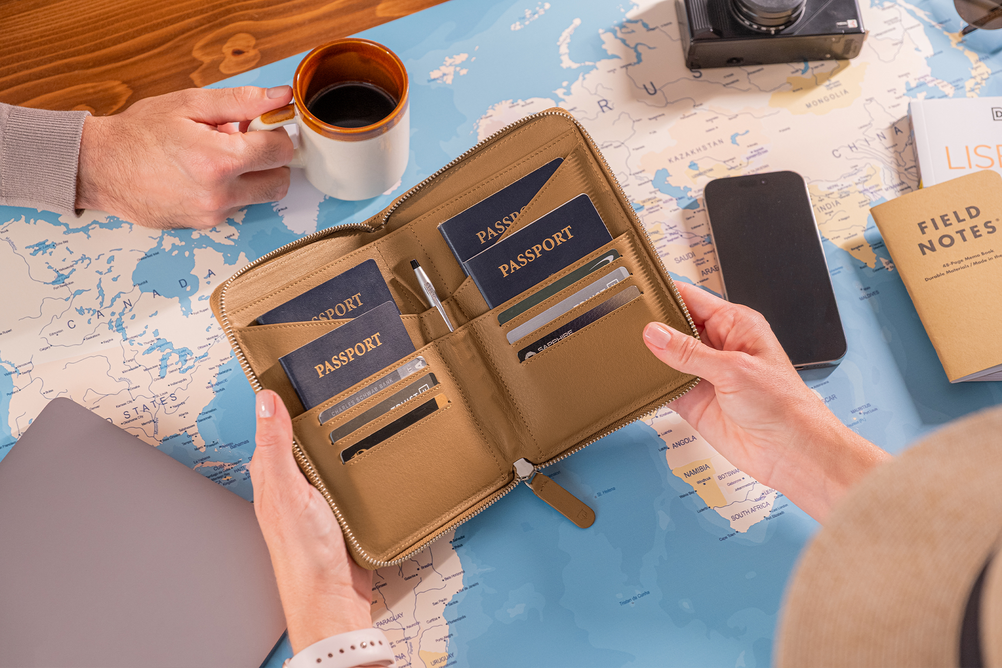 Family Leather Passport Wallet (Camel)